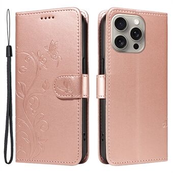 For iPhone 15 Pro Max Etui i PU-lær + TPU Preget Blomsterfugl Design Beskyttende Deksel