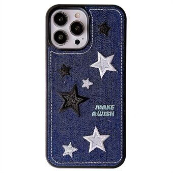 Til iPhone 15 Pro Max-deksel med stjernesydd denimstoff + TPU-telefondeksel