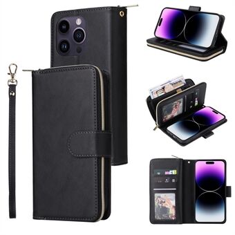 For iPhone 15 Pro Max Telefonstativ Etui Skjelett Glidelåslomme TPU+PU Skinn Kortholdere Lommebok.