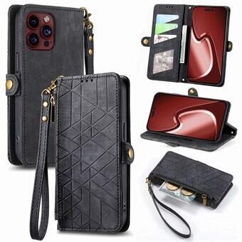 For iPhone 15 Pro Max-etuiet Geometry Leather Zipper Wallet Phone Cover med håndleddstropp.