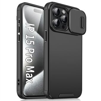 For iPhone 15 Pro Max-deksel Slidekamera Skjold PC+TPU Støtsikker Mobildeksel