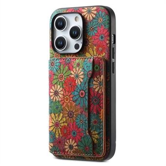 For iPhone 15 Pro Max Bak Deksel Kortholder Støttebein PU+TPU+PC Blomstermønstret Telefondeksel