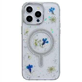 For iPhone 15 Pro Max Etui Magnetisk PC+TPU Epoxy Mobiltelefon Skall Tørket Blomster Dekor