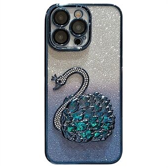 For iPhone 15 Pro Max deksel TPU mobiltelefon skall med glasslinsefilm Rhinestone kvikksand svane-design.