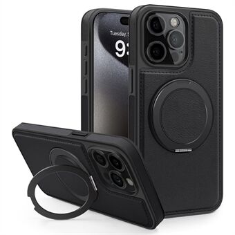 For iPhone 15 Pro Max Lær+PC+TPU Deksel med Roterende Magnetisk Ring og Støtteben Telefonveske