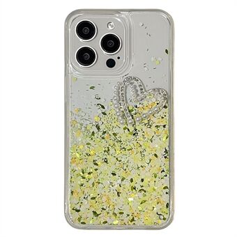 For iPhone 15 Pro Max deksel TPU+PC mobildeksel Paillett- og rhinestone-dekor, med kjærlighetshjerte-design.