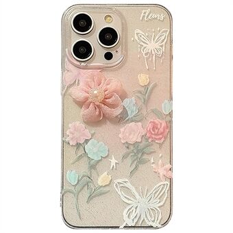 For iPhone 15 Pro Max-deksel 3D blomsterdekor glitterdesign mykt TPU-telefondeksel