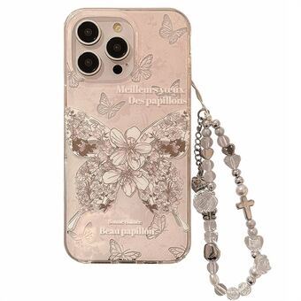 For iPhone 15 Pro Max-deksel TPU Butterfly IMD-telefondeksel med håndkjede.