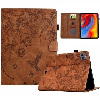 For iPad Pro 11 (2024) Etui Blomst Fugl Preget Kortholder Lær Nettbrettdeksel