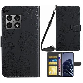 For OnePlus 10 Pro Butterfly Blomstermønster påtrykt PU Lær Flip Beskyttende deksel Skulderrem Stand Folio lommebokveske