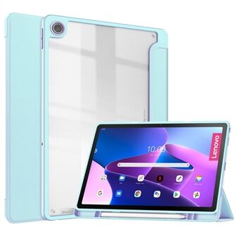 For Lenovo Tab M10 Plus (3. generasjon) / Xiaoxin Pad 2022 10,6-tommers etui for nettbrett i PU-skinn med tri-fold stativ, automatisk søvn- / vekkefunksjon, tynn og lett, TPU-materiale og gjennomsiktig akryl bakdeksel med pennholder.