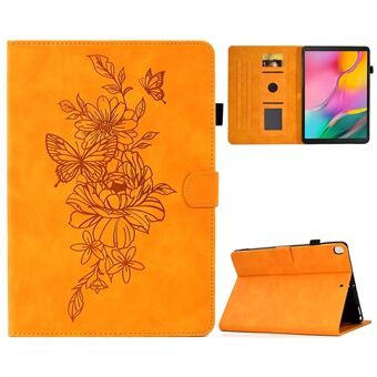 For Samsung Galaxy Tab A 10.1 (2019) T510 / T515, et etui til nettbrett av preget PU-lær med sommerfugl- og blomstermønster. Etuiet har søm-linjer, støttefunksjon og beskytter nettbrettet mot riper. Det har også en automatisk vekk-/sovne-funksjon.