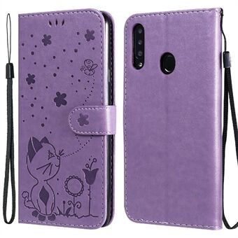 Cat and Bee Pattern Imprinting Lær lommebokstativ Stand med stropp for Samsung Galaxy A20s