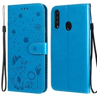 Cat and Bee Pattern Imprinting Stand Telefondekselveske med stropp for Samsung Galaxy A20s