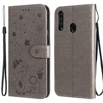 Cat and Bee Pattern Imprinting Lær lommebokstativ Stand med stropp for Samsung Galaxy A20s