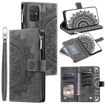 For Samsung Galaxy A51 4G SM-A515 PU-lærtelefonveske Mandala Flower-påtrykt støtsikkert deksel Magnetisk lås Multikortspor Telefonskall med lommebok/reim med glidelås