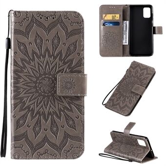 Imprint Sunflower Leather Wallet Shell Deksel til Samsung Galaxy A71 - Grå