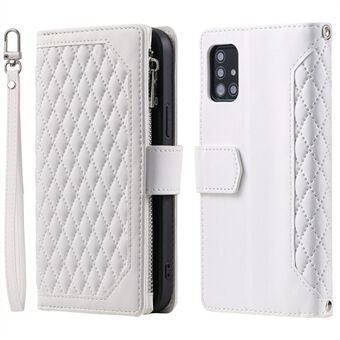 005 Style Rhombus Texture Phone Case for Samsung Galaxy A71 4G SM- Stand , lommebokdeksel i skinnstativ med glidelåslomme med håndleddsstropp