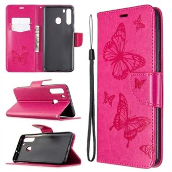 Imprint Butterfly Wallet Lær Stand til Samsung Galaxy A21