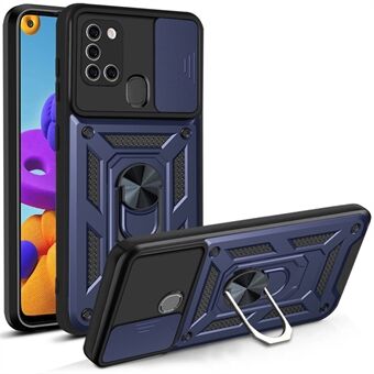 Kickstand PC + TPU Anti-fingeravtrykk Slitesterk skyvekameradeksel Telefonveske for Samsung Galaxy A21s