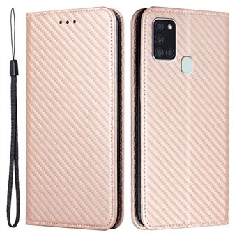 Anti-sjokk telefondeksel Carbon Fiber Texture Stand Lommebokdesign Autoabsorbert PU-skinn + TPU-telefondeksel for Samsung Galaxy A21s