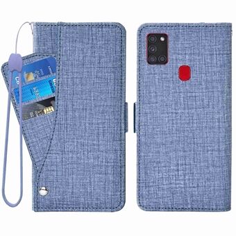 Telefon Flip Wallet Case for Samsung Galaxy A21s, Jean Cloth Texture PU- Stand med roterende kortspor