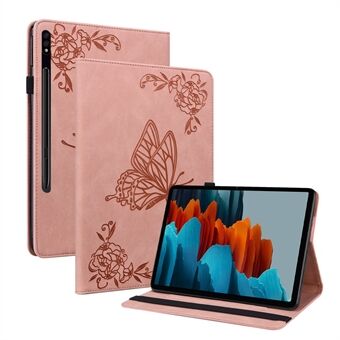 Ripebestandig nettbrettdeksel med trykk av sommerfuglblomst, støtsikkert PU-lær, stativ og kortplass til Samsung Galaxy Tab S7 / Tab S8.