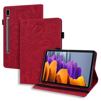 For Samsung Galaxy Tab S9 FE / S9 / S8 / S7 blomstermønsterpreging lærnettbrettestativdeksel med penneholderstropp.