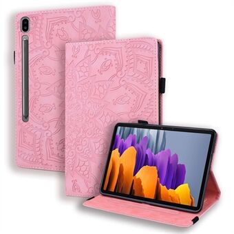 For Samsung Galaxy Tab S9 FE / S9 / S8 / S7, etui i blomstermønster i trykket skinn med stativ til nettbrett og pennholderstropp.