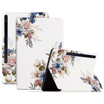 For Samsung Galaxy Tab S7 / S8 Blomstermønster trykket snuble-sikker nettbretteske i skinn + TPU-dobbel beskyttelse med stativ