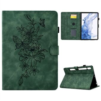 Tablet-cover for Samsung Galaxy Tab S8 X700 X706 / S7 2020 T870 T875. Dekorert med sommerfuglmønster og laget av PU-skinn med synlige sømmer. Inneholder også et kortlomme og støttefunksjon.