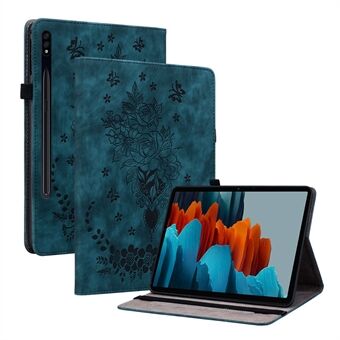 Nettbrett-etui i skinn for Samsung Galaxy Tab S7 / S8, med kortspor og støtte, trykket på nettbrettdekselet.