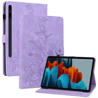 For Samsung Galaxy Tab S7 / S8-tilfelle med blomsterpreg, fallbeskyttende PU-skinn-nettbrettdeksel.