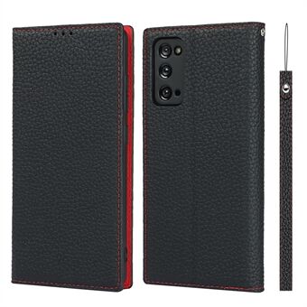 Litchi Texture Stand ekte skinnveske med stropp for Samsung Galaxy S20 FE/S20 FE 5G/S20 Lite/S20 FE 2022 - Svart