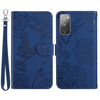 For Samsung Galaxy S20 FE 2022/S20 FE/S20 Fan Edition/S20 FE 5G/S20 Fan Edition 5G Butterfly Flower-påtrykt lommebok-flip-veske PU-skinn håndleddsrem Stand Skin-touch Feeling Phone Cover