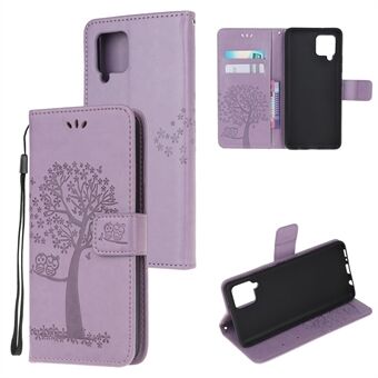 Imprint Tree Owl Leather Stilig lommebokveske til Samsung Galaxy A12