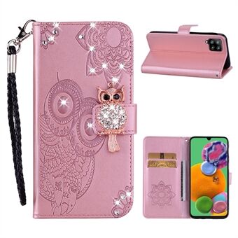 Owl Imprint Rhinestone Decor Leather Phone Case for Samsung Galaxy A12 Stand Shell