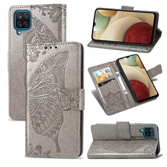 Imprint Big Butterfly Leather Lommebok telefondeksel til Samsung Galaxy A12