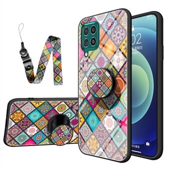 Colorful Flower Print Glass Hybrid telefonetui Protector med Stand Lanyard for Samsung Galaxy A12