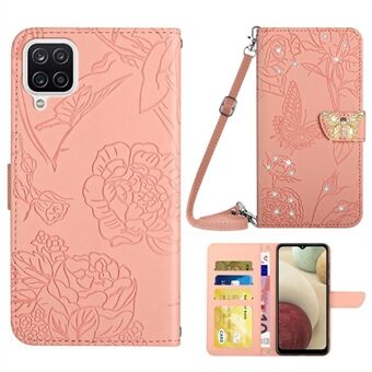 For Samsung Galaxy A12 / M12 / F12- Stand Lommebok telefonveske PU-skinntrykk sommerfuglblomster Rhinestone-dekor med skulderstropp