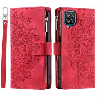 Telefondeksel med flere kortspor for Samsung Galaxy A12 / M12 Mandala-blomster påtrykt PU-skinn Telefonveske Stand Glidelåslomme lommebok med stropp