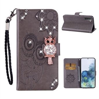 Owl Imprint Rhinestone Decor Leather Case til Samsung Galaxy S21 5G