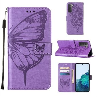 Imprint Butterfly Flower Pattern Stand Lærveske til Samsung Galaxy S21 5G