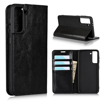 For Samsung Galaxy S21 4G/5G Wallet Stand Design Crazy Horse Tekstur Ekte Skinn Deksel - Svart