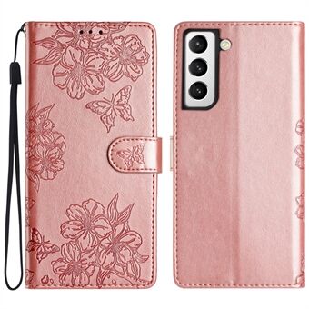 For Samsung Galaxy S21 5G / 4G Engros Telefonstativ Etui Sakura Butterfly Preget PU Lærtelefondeksel