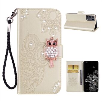 Owl Imprint Rhinestone Decor Leather Phone Case til Samsung Galaxy S21 Ultra 5G