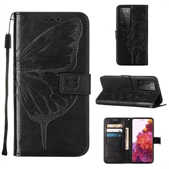 Imprint Butterfly Flower Pattern Stand Lærveske til Samsung Galaxy S21 Ultra 5G