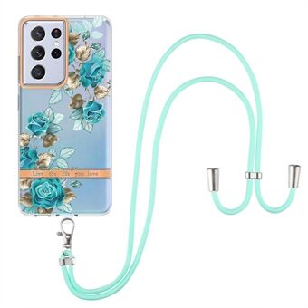 For Samsung Galaxy S21 Ultra 5G YB IMD-9 Series Flower Pattern Electroplating fleksibelt TPU-deksel IMD IML Lanyard Phone Case