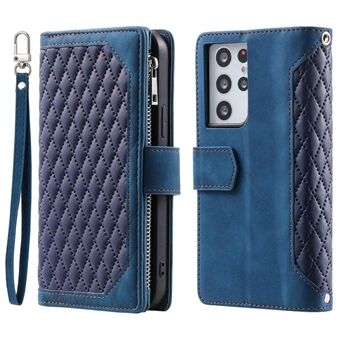 005 Style for Samsung Galaxy S21 Ultra 5G Rhombus Texture Leather Stand Case Glidelåslomme Lommebok Telefondeksel med håndleddsstropp