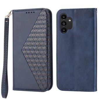 For Samsung Galaxy A32 5G / M32 5G Støtsikker Stand lommebokstativ Telefonveske PU-skinn påtrykt Rhombus beskyttende telefondeksel med stropp